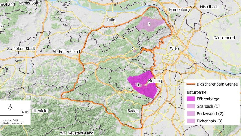 Karte des Biosphärenpark Wienerwald mit Kennzeichnung der drei Naturparke